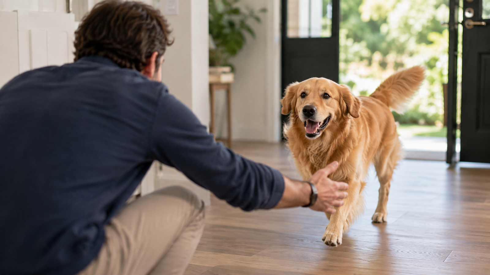 Dog happily greeting owner at home