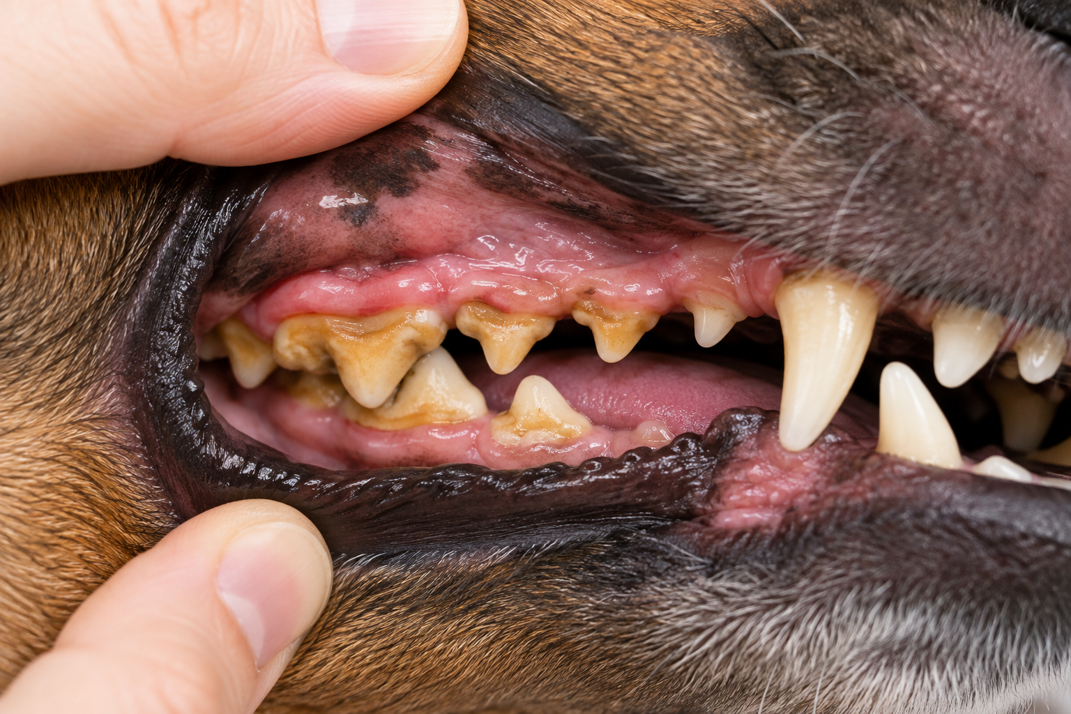 Close-up of a dog's back teeth and gum line