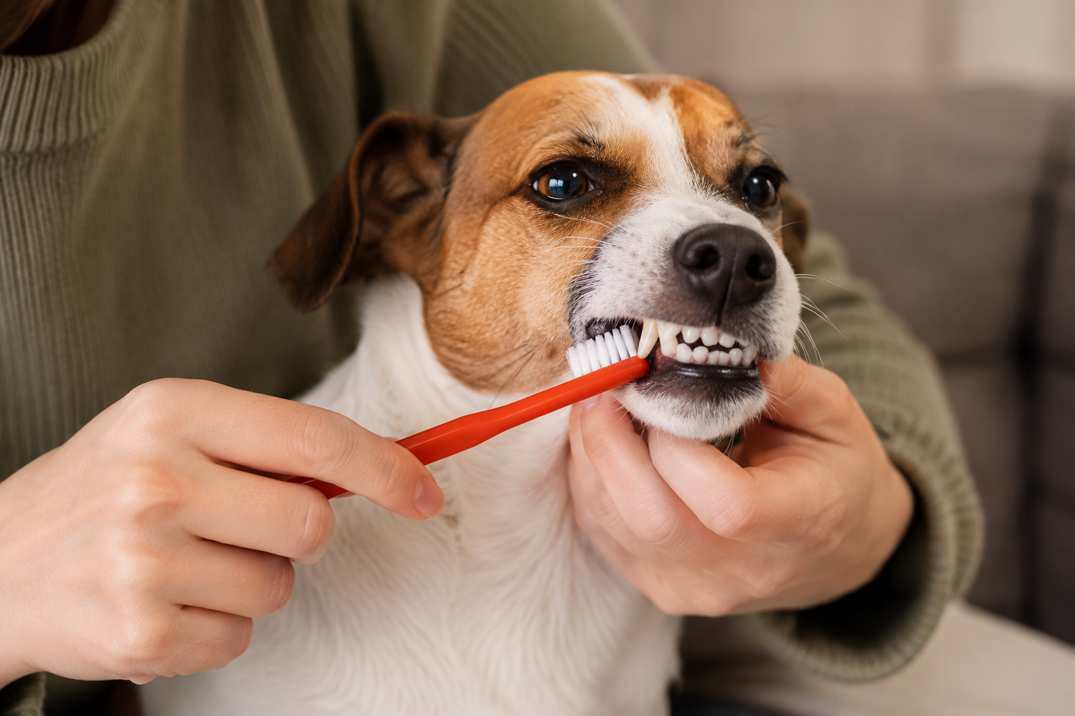 Dog resisting tooth brushing