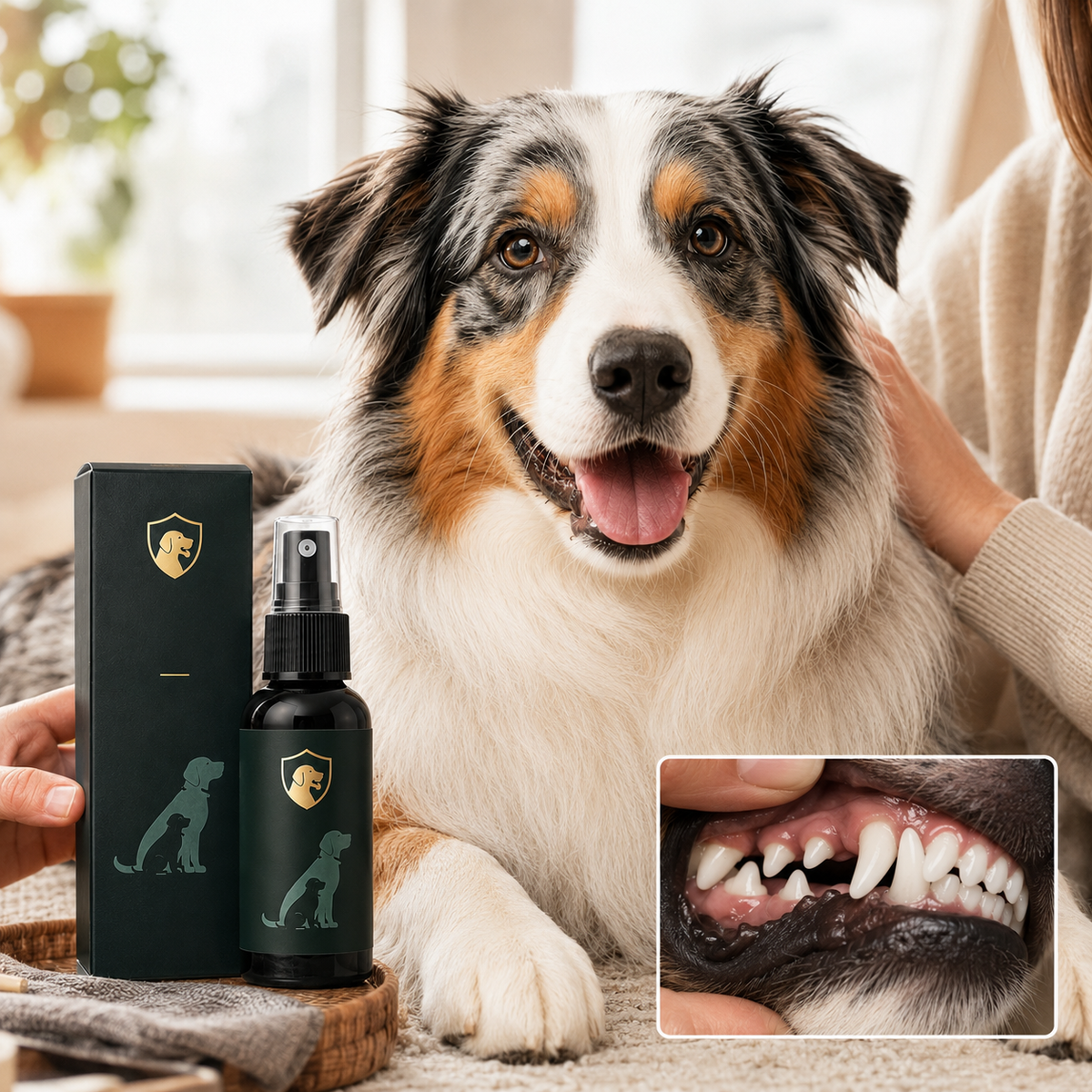 Dog with oral-care spray and dental care theme